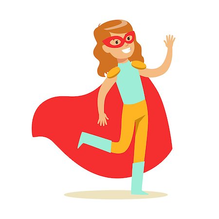 simsearch:400-08557140,k - Girl Pretending To Have Super Powers Dressed In Blue And Yellow Superhero Costume With Red Cape And Mask Smiling Character. Halloween Party Disguised Kid In Comics Hero Outfit Vector Illustration. Stockbilder - Microstock & Abonnement, Bildnummer: 400-08932678