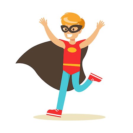 Boy Pretending To Have Super Powers Dressed In Red Superhero Costume With Black Cape And Mask Smiling Character. Halloween Party Disguised Kid In Comics Hero Outfit Vector Illustration. Stock Photo - Budget Royalty-Free & Subscription, Code: 400-08932673