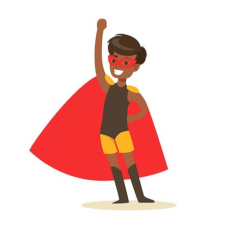 Boy Pretending To Have Super Powers Dressed In Black Superhero Costume With Red Cape And Mask Smiling Character. Halloween Party Disguised Kid In Comics Hero Outfit Vector Illustration. Stock Photo - Budget Royalty-Free & Subscription, Code: 400-08932684