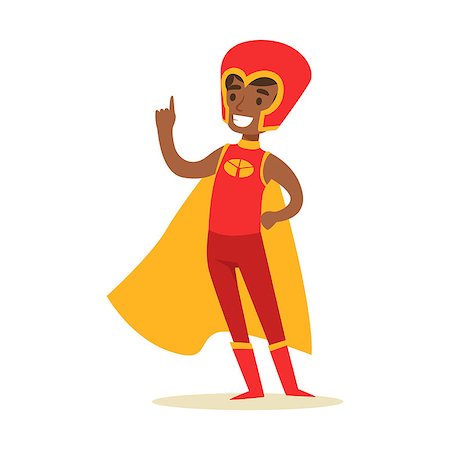 simsearch:400-08557140,k - Boy Pretending To Have Super Powers Dressed In Red Superhero Costume With Yellow Cape And Helmet Smiling Character. Halloween Party Disguised Kid In Comics Hero Outfit Vector Illustration. Stockbilder - Microstock & Abonnement, Bildnummer: 400-08932686