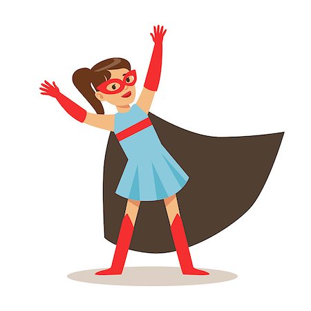simsearch:400-08557140,k - Girl In Blue Dress Pretending To Have Super Powers Dressed In Superhero Costume With Black Cape And Mask Smiling Character. Halloween Party Disguised Kid In Comics Hero Outfit Vector Illustration. Stockbilder - Microstock & Abonnement, Bildnummer: 400-08932681