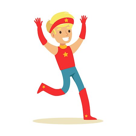 simsearch:400-08557140,k - Boy Pretending To Have Super Powers Dressed In Red Superhero Costume With Headband With Star Smiling Character. Halloween Party Disguised Kid In Comics Hero Outfit Vector Illustration. Stockbilder - Microstock & Abonnement, Bildnummer: 400-08932683