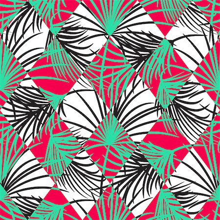 Green and red palm leaves and harlequin rhombs seamless vector pattern on white background. Tropical jungle nature leaf. Stock Photo - Budget Royalty-Free & Subscription, Code: 400-08932959