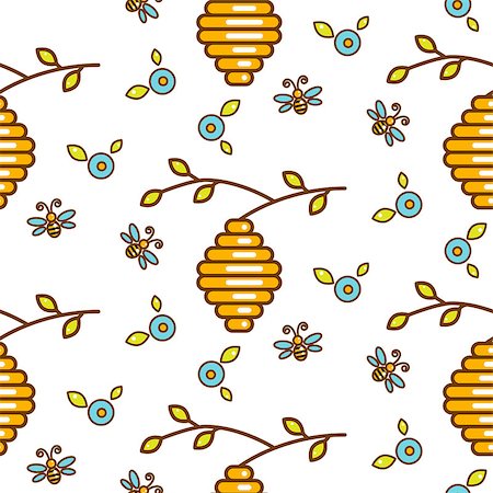 Vespiary, flowers and bees seamless vector outline pattern. Honeybees on white repeating background. Stock Photo - Budget Royalty-Free & Subscription, Code: 400-08932977