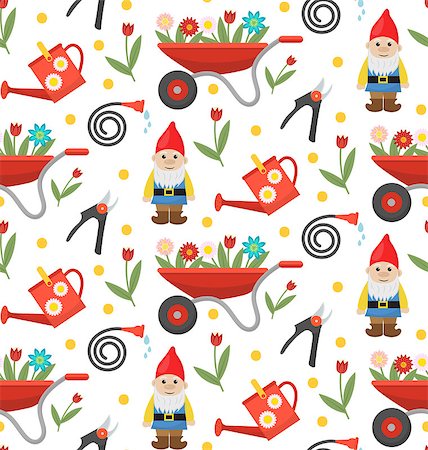 simsearch:400-08192038,k - Gardening seamless pattern with gnome, flowers and tools. Spring endless background. Horticulture texture, wallpaper. Cute backdrop. Vector illustration Stockbilder - Microstock & Abonnement, Bildnummer: 400-08933017