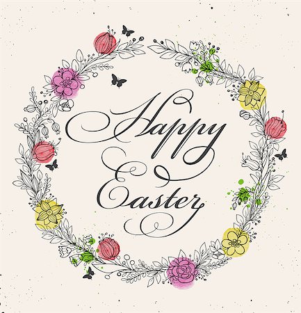 simsearch:400-08132574,k - Vintage greeting card for Easter with floral frame. Hand drawn vector illustration with watercolor elements. Stockbilder - Microstock & Abonnement, Bildnummer: 400-08933184