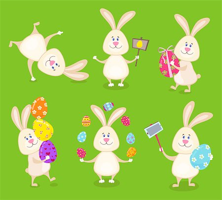 Set of cute Easter rabbits with Easter eggs , carrots and banners. Cartoon style vector illustration Foto de stock - Royalty-Free Super Valor e Assinatura, Número: 400-08933243