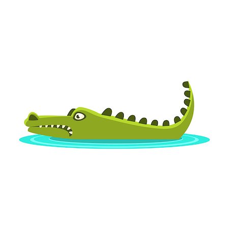 Angry Crocodile Laying In The Water, Cartoon Character And His Everyday Wild Animal Activity Illustration. Green Alligator Reptile Vector Drawing In Childish Cute Stock Photo - Budget Royalty-Free & Subscription, Code: 400-08933319