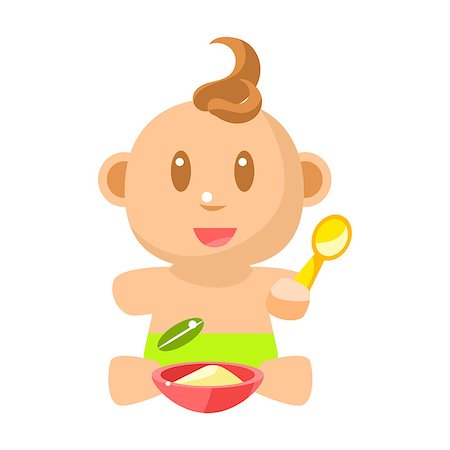 simsearch:400-08835171,k - Small Happy Baby Boy In Green Nappy Eating Porridge With Spoon Vector Simple Illustrations With Cute Infant. Part Of Infancy Series Of Isolated Flat Icons With Smiling Kids And Their Activities. Photographie de stock - Aubaine LD & Abonnement, Code: 400-08933350