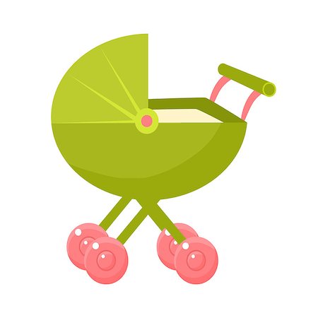 Green Stroller With Pink Wheels And Closed Hood, Object From Baby Room, Happy Childhood Cute Illustration. Part Of Happy Childhood And Infancy Isolated Cartoon Items Series. Stock Photo - Budget Royalty-Free & Subscription, Code: 400-08933364