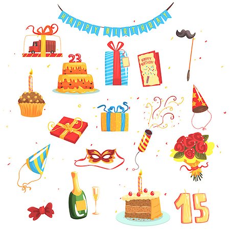 Happy Birthday Party Set Of Isolated Cute Cartoon Objects Related To Partying And Celebrating. Vector Illustrations With Presents And Other Festive Elements Of Kids Birthday. Stock Photo - Budget Royalty-Free & Subscription, Code: 400-08933393
