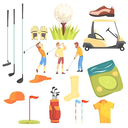 Three Golfers Playing Golf Surrounded By Sport Equipment And Game Attributes Cartoon Vector Illustration. Golf Players Enjoying Time On Golf Field Set Of Sportive Objects Icons. Stock Photo - Budget Royalty-Free & Subscription, Code: 400-08933455