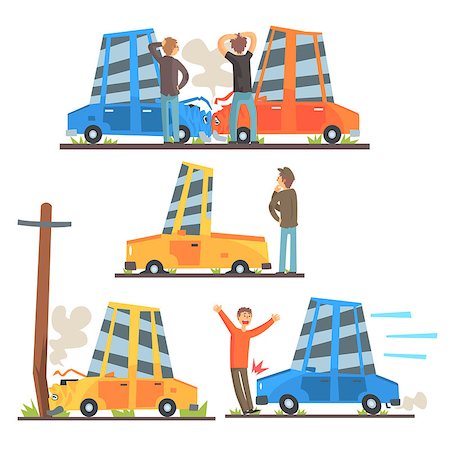 simsearch:400-08612289,k - Car Road Accident Resulting In Transportation Damage Set Of Stylized Cartoon Illustrations. Vehicles Crushing Into Each Other, Poles And Breaking Down Situations. Stock Photo - Budget Royalty-Free & Subscription, Code: 400-08933451