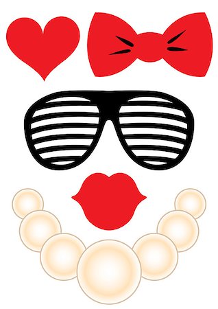 simsearch:400-05217778,k - Party accessories woman set - glasses, necklace, lips, heart, bow - for design, photo booth, scrapbook in vector Foto de stock - Super Valor sin royalties y Suscripción, Código: 400-08933557