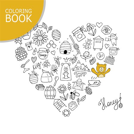 simsearch:400-06409355,k - Honey apiary icons, heart shape. Sketch for your design. Vector illustration Stock Photo - Budget Royalty-Free & Subscription, Code: 400-08933942