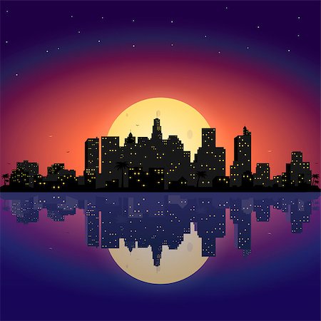 City at night with moon.Vector town in flat style design.Panorama of the big city at night with stars and moon Stock Photo - Budget Royalty-Free & Subscription, Code: 400-08954129