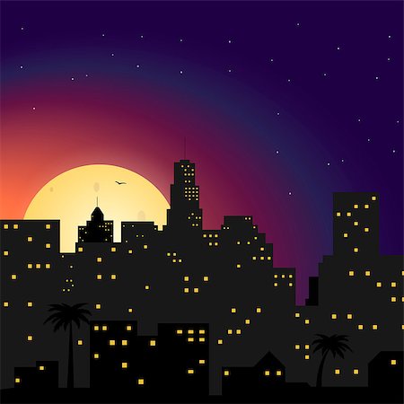 simsearch:400-08887795,k - City at night with yellow moon in flat style design.Vector town Stock Photo - Budget Royalty-Free & Subscription, Code: 400-08954131