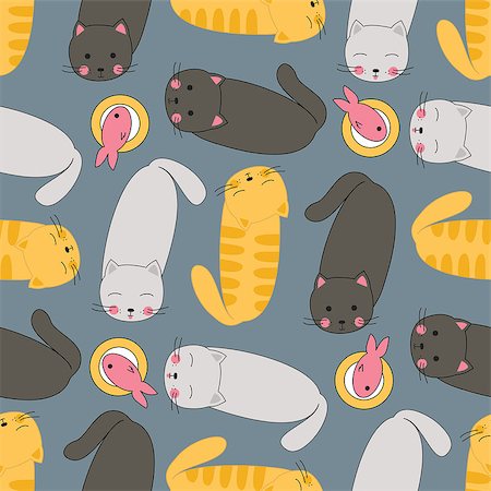 Sleeping, smiling and teasing cats around plates with fish, seamless pattern with grey background Photographie de stock - Aubaine LD & Abonnement, Code: 400-08954287
