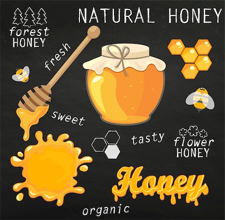 Vector illustration set of jars with honey, honeycomb, lettering and bees. Natural healthy food production. Blackboard background. Stock Photo - Budget Royalty-Free & Subscription, Code: 400-08954335
