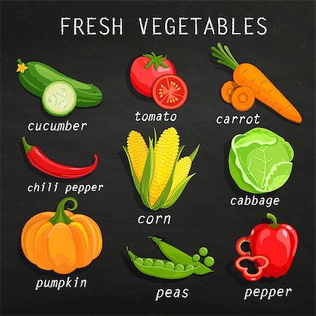 Set of fresh vegetables. Chalkboard background. Organic farm illustration. Healthy lifestyle vector illustration design elements. Stock Photo - Budget Royalty-Free & Subscription, Code: 400-08954339