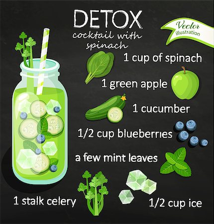 spinach cocktail - Recipe detox cocktail with cucumber, blueberry, ice, apple, spinach, mint. Vector illustration for diet menu, cafe and restaurant menu. Fresh smoothies, detox, fruit cocktail for healthy life. Stock Photo - Budget Royalty-Free & Subscription, Code: 400-08954341