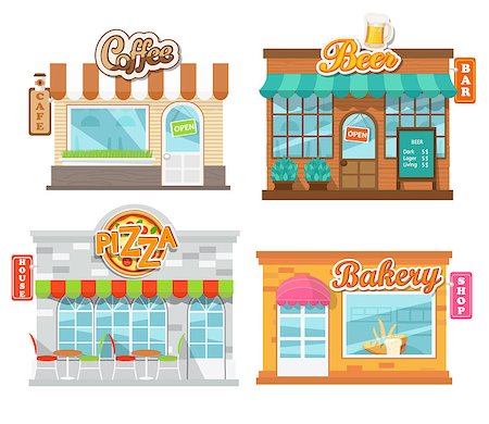 simsearch:400-06327445,k - Vector illustration flat cafes and shop: pizza house, beer bar, coffee cafe and bakery shop. Stock Photo - Budget Royalty-Free & Subscription, Code: 400-08954366