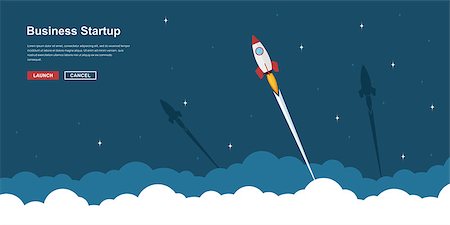 rocket launching - Picture of rocket flying above clouds, business startup banner concept, flat style illustration Stock Photo - Budget Royalty-Free & Subscription, Code: 400-08954414