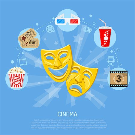 simsearch:400-08013198,k - Cinema and Movie time concept with flat icons theater masks, popcorn, tickets, 3d glasses, film frame with countdown, isolated vector illustration Stock Photo - Budget Royalty-Free & Subscription, Code: 400-08954449