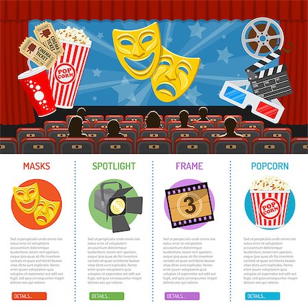 cinema auditorium infographics with flat icons seats, audience and theater masks on screen, vector illustration Photographie de stock - Aubaine LD & Abonnement, Code: 400-08954450