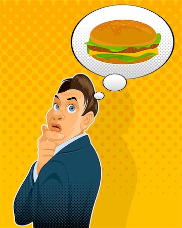 fast food restaurant cartoon - Vector illustration of a businessman thinking about hamburger Stock Photo - Budget Royalty-Free & Subscription, Code: 400-08954740