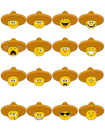 sad yellow icon - Vector illustration of a sixteen faces in sombrero Stock Photo - Budget Royalty-Free & Subscription, Code: 400-08954838