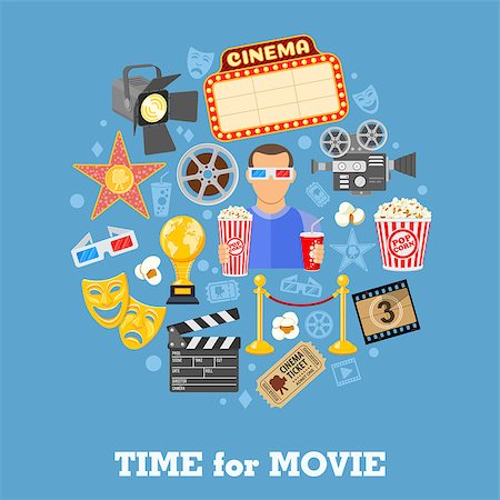 Cinema and Movie time concept with flat icons masks, 3D glasses, clapperboard and viewer with popcorn and soda in hands, isolated vector illustration Stock Photo - Budget Royalty-Free & Subscription, Code: 400-08955068