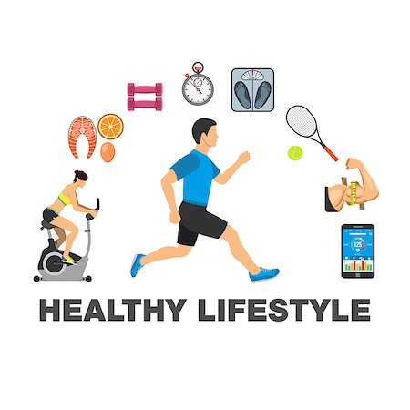 simsearch:400-08158352,k - Fitness, Gym, Cardio, Healthy Lifestyle concept with flat icons Exercise Bike, runner, biceps and scales, isolated vector illustration Stock Photo - Budget Royalty-Free & Subscription, Code: 400-08955069