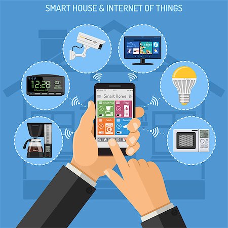 Smart House and internet of things concept with flat icons. Man holding smartphone in hand and controls security camera, coffee maker, TV, microwave and lightbulb. isolated vector illustration Stock Photo - Budget Royalty-Free & Subscription, Code: 400-08955075