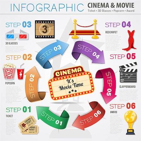 simsearch:400-09091954,k - Cinema and movie Infographics with Flat Icons ticket, popcorn, 3D glasses and award. vector illustration Stock Photo - Budget Royalty-Free & Subscription, Code: 400-08955079