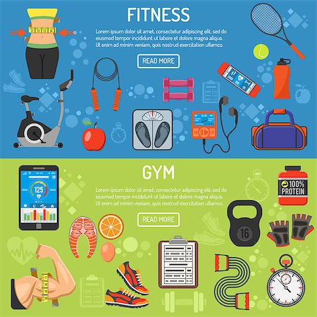 simsearch:400-07976328,k - Fitness, Gym, Cardio, Healthy Lifestyle horizontal banners with flat icons Exercise Bike, waist, biceps and scales, vector illustration Foto de stock - Royalty-Free Super Valor e Assinatura, Número: 400-08955070