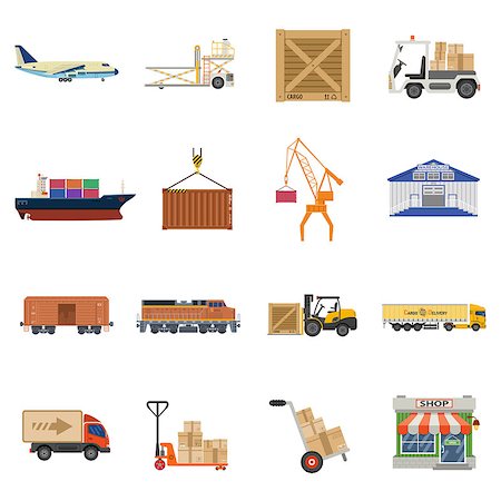 Cargo Transport, Packaging, shipping, delivery and logistics flat Icons Set with Truck, air cargo, Train, Shipping. isolated vector illustration Fotografie stock - Microstock e Abbonamento, Codice: 400-08955071