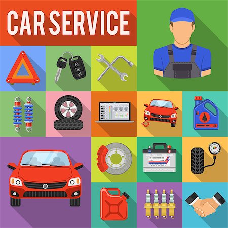 Car Service Flat Icons Set with Laptop, Brake, Battery, Jack and Mechanic with Long Shadows. isolated vector illustration Stock Photo - Budget Royalty-Free & Subscription, Code: 400-08955080