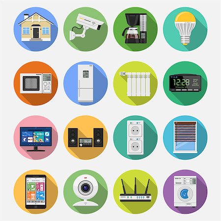simsearch:400-08818849,k - Smart House and internet of things Flat Icons Set with smartphone, tablet, security camera, router light bulb and smart tv on colored circles with Long Shadows. Isolated vector illustration Foto de stock - Super Valor sin royalties y Suscripción, Código: 400-08955081