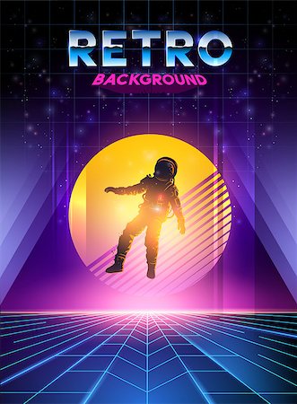 Retro 1980's digital neon background with sunset and spaceman. Vector illustration Stock Photo - Budget Royalty-Free & Subscription, Code: 400-08955144