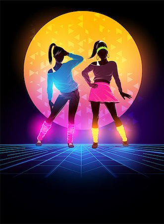 Women dressed up 1980's fashion. Retro dance background design. Vector illustration Foto de stock - Super Valor sin royalties y Suscripción, Código: 400-08955148