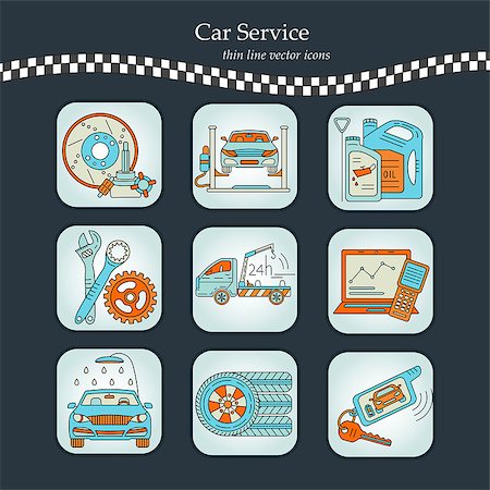 simsearch:400-08676791,k - Vector thin line pictogram symbols of car service - tire service, car wash, tow truck, etc. Photographie de stock - Aubaine LD & Abonnement, Code: 400-08955252