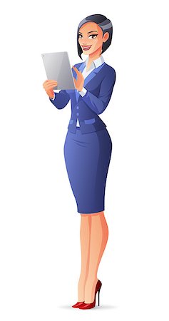 formal communication cartoon - Beautiful smiling business woman in blue formal suit standing and using a touch pad tablet portable computer. Cartoon vector illustration isolated on white background. Stock Photo - Budget Royalty-Free & Subscription, Code: 400-08955294