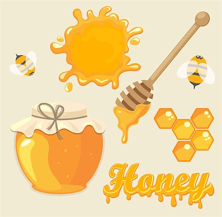 simsearch:400-08013853,k - Vector illustration set of jars with honey, honeycomb, lettering and bees. Natural healthy food production. Stock Photo - Budget Royalty-Free & Subscription, Code: 400-08955352