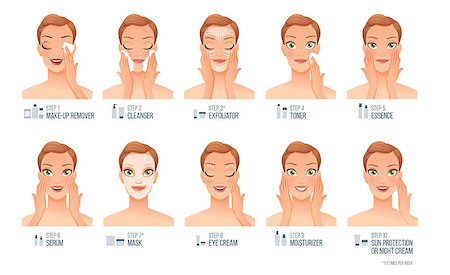 removes eye makeup - Ten basic women skincare steps. Cleaning, exfoliating, toning, treatment, moisturizing. Cartoon vector illustration isolated on white background. Stock Photo - Budget Royalty-Free & Subscription, Code: 400-08955411