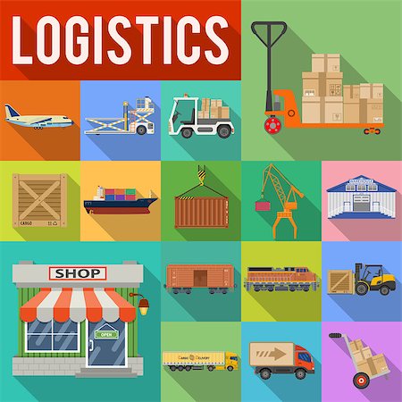 simsearch:400-05705376,k - Cargo Transport, Packaging, shipping, delivery and logistics flat Icons Set with Truck, air cargo, Train, Shipping with Long Shadows. isolated vector illustration Stockbilder - Microstock & Abonnement, Bildnummer: 400-08955567