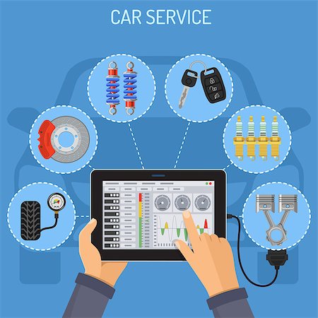 simsearch:400-05032820,k - Car Service and Maintenance Concept with flat Icons. Mechanic holding tablet PC in hand, and makes diagnostics. isolated vector illustration. Foto de stock - Royalty-Free Super Valor e Assinatura, Número: 400-08955570