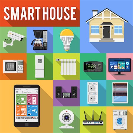 Smart House and internet of things Flat Icons Set with smartphone, tablet, security camera, router light bulb and smart tv with Long Shadows. Isolated vector illustration Stock Photo - Budget Royalty-Free & Subscription, Code: 400-08955608