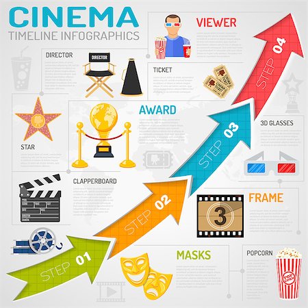 Cinema and movie Infographics with Flat Icons ticket, popcorn, 3D glasses, award and arrows. vector illustration Stock Photo - Budget Royalty-Free & Subscription, Code: 400-08955609