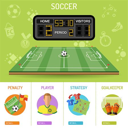 simsearch:400-08133793,k - Soccer Banner and infographics with flat icons stadium, scoreboard, ball, player and goal, vector illustration Photographie de stock - Aubaine LD & Abonnement, Code: 400-08955614